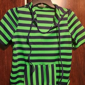 Green and Navy Striped Vintage Short Sleeve Hoodie